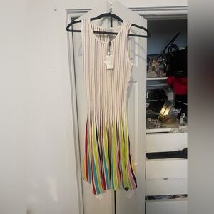 Milly White Knit Dress with Neon Lime, Cherry Red and Navy Stripes